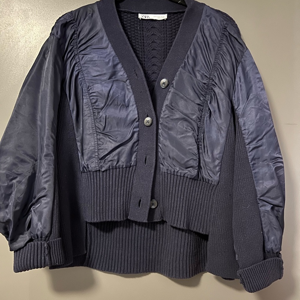 Navy Button-Up Cardigan with Puff Sleeves